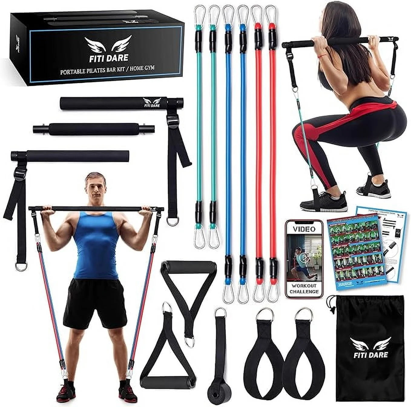 Multi-Functional Pilates Bar Kit with Resistance Bands